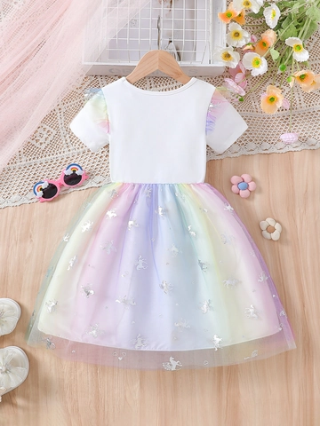 Girls Dress Unicorn Print Rainbow Gradient Mesh Tulle Short Sleeve Princess Style Summer Clothes