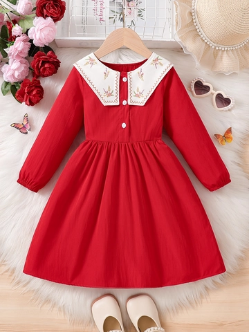 Sweet Girls Red Long Sleeve Dress With Embroidered Peter Pan Collar And Flower Details For Autumn Spring Kids Princess Party Clothing