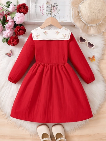 Sweet Girls Red Long Sleeve Dress With Embroidered Peter Pan Collar And Flower Details For Autumn Spring Kids Princess Party Clothing