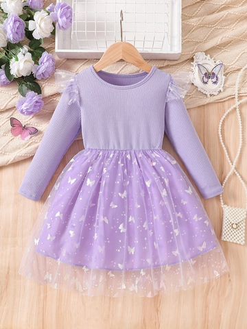 Girls Long Sleeve Purple Princess Dress Butterfly Mesh Spliced Ribbed Knit Skirt Kids Birthday Party Performance Tutu Dress