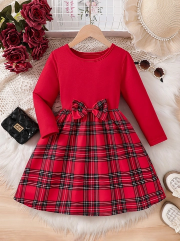 Mädchen Langarmkleid Rot Karomuster Weihnachten Feiertag Prinzessin Partykleid Baumwollmischung Schleife
