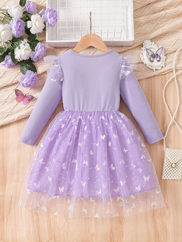 Girls Long Sleeve Purple Princess Dress Butterfly Mesh Spliced Ribbed Knit Skirt Kids Birthday Party Performance Tutu Dress