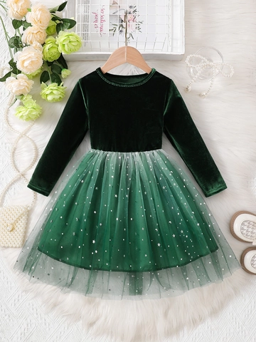 Vestido Princesa Niña Terciopelo Tul Manga Larga Lentejuelas Estrella Luna Navidad Fiesta Elegante Bata Infantil Verde Oscuro