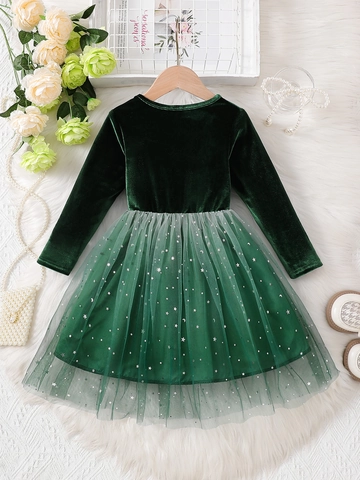 Vestido Princesa Niña Terciopelo Tul Manga Larga Lentejuelas Estrella Luna Navidad Fiesta Elegante Bata Infantil Verde Oscuro