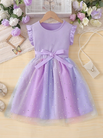 Girls Princess Dress Ribbed Cotton Top Gradient Rainbow Mesh Skirt Sequined Star Moon Flutter Sleeve Bowknot