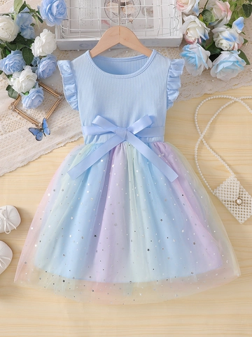 Girls Princess Dress Ribbed Cotton Top Gradient Rainbow Mesh Skirt Sequined Star Moon Flutter Sleeve Bowknot