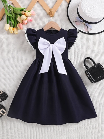 Mädchen Sommer Prinzessin Kleid Marineblau Mit Großer Weißer Schleife Rüschenärmel Spitze Elegantes Partykleid