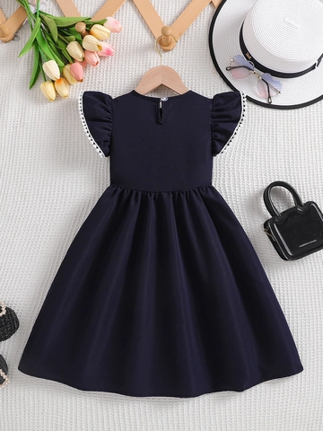 Mädchen Sommer Prinzessin Kleid Marineblau Mit Großer Weißer Schleife Rüschenärmel Spitze Elegantes Partykleid