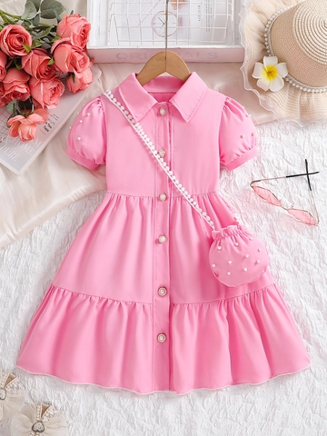 Girls Pink Princess Dress Pearl Buttons Puff Sleeves Summer Short Sleeve Lapel Neck Tiered Dress With Matching Round Bag