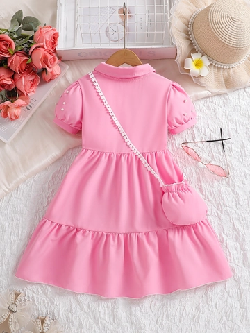 Girls Pink Princess Dress Pearl Buttons Puff Sleeves Summer Short Sleeve Lapel Neck Tiered Dress With Matching Round Bag