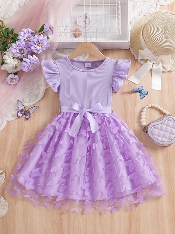 Vestido Niña Algodón Punto Malla Tul Princesa Fiesta Dulce Elegante Con Aplicaciones Mariposa Lazo Satén Mangas Volantes