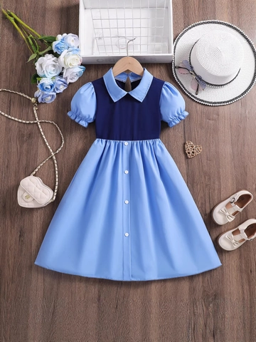 Girls Color Block Dress Cotton Blend Peter Pan Collar Puff Sleeve Princess Summer Casual Toddler Kids