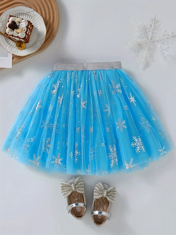 Falda de Tutú de Tul Azul Claro para Niñas Con Lentejuelas de Copos de Nieve Plateados Falda de Malla para Fiestas