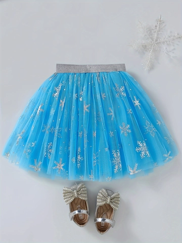 Falda de Tutú de Tul Azul Claro para Niñas Con Lentejuelas de Copos de Nieve Plateados Falda de Malla para Fiestas