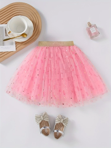 Gonna Tutù Rosa in Rete da Principessa per Ragazze Gonna Gonfia Multistrato Con Paillettes Lucide a Cuore Stella Corona per Festa