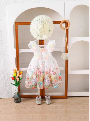 Girls French Floral Dress With Hat Smocked Sleeveless Ruffle Princess Beach Dress Vacation Outfits