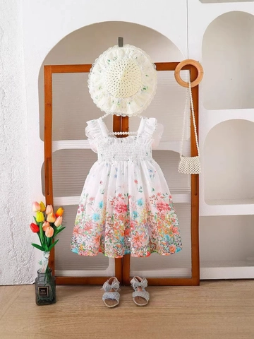 Girls French Floral Dress With Hat Smocked Sleeveless Ruffle Princess Beach Dress Vacation Outfits