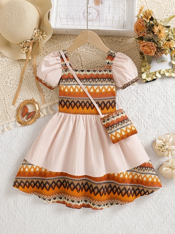Girls Bohemian Dress Cotton Blend Puff Sleeve Square Neck Patchwork Ethnic Style Kids Clothing Matching Crossbody Bag