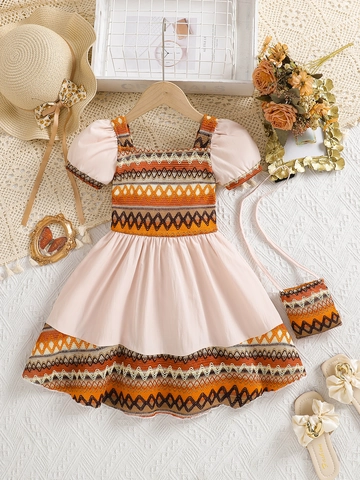 Girls Bohemian Dress Cotton Blend Puff Sleeve Square Neck Patchwork Ethnic Style Kids Clothing Matching Crossbody Bag