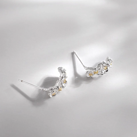 Vintage Plum Blossom Branch Stud Earrings With 925 Sterling Silver Earring Post Nature Inspired Floral Jewelry For Women