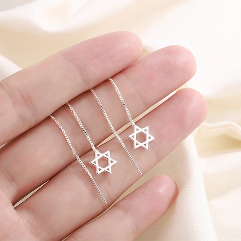 Star Of David Hexagram Long Tassel Ear Line Earrings With 925 Sterling Silver Earring Post Minimalist Jewelry For Women