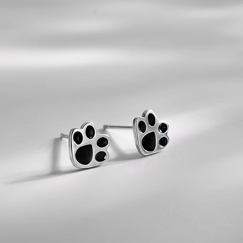 Pendientes De Botón Con Garra De Gato Cobre Esmalte Negro Huella De Animal Linda Estilo Minimalista Con Poste De Plata De Ley 925