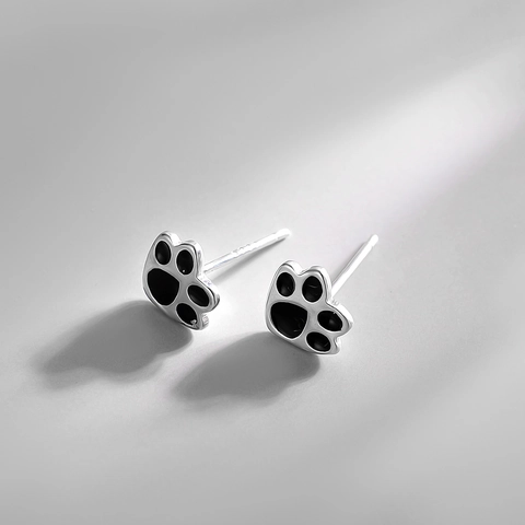 Pendientes De Botón Con Garra De Gato Cobre Esmalte Negro Huella De Animal Linda Estilo Minimalista Con Poste De Plata De Ley 925