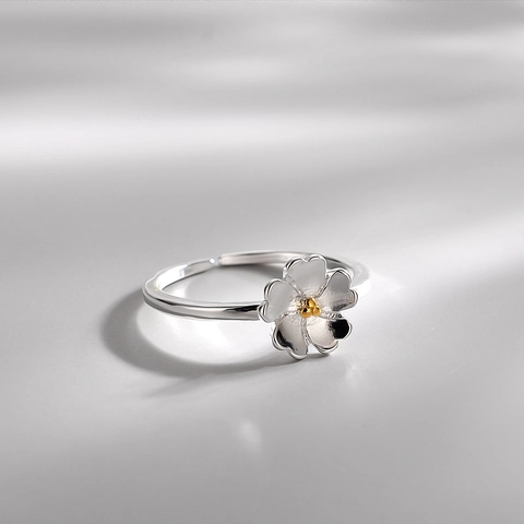 Anello Fiore Argento Sterling S925 Bicolore Stame Dorato Apertura Regolabile Gioielli Floreali Minimalisti Per Donne