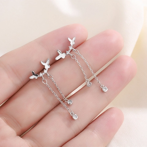 Vlinder Kwast Oorbellen Koper Zirkoon Fonkelende Lange Hanger Met 925 Sterling Zilveren Oorbel Post Voor Dames