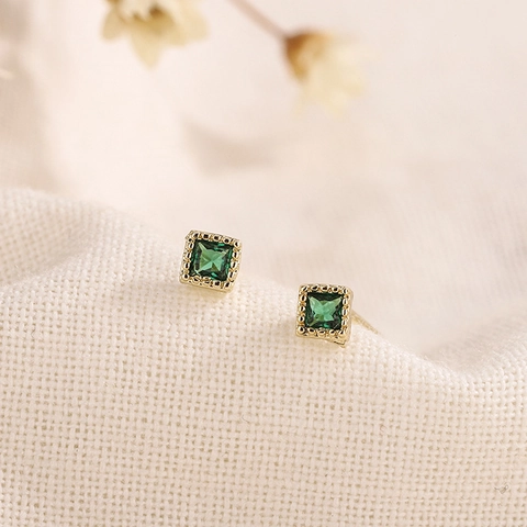 Retro Mini Square Green Zircon Stud Earrings Copper Gold Plated Milgrain Edge Small Geometric Elegant Ear Jewelry Women