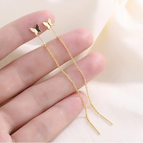 Butterfly Threader Earrings Long Tassel Linear Dangle Brass White Steel Plated Elegant Jewelry For Women