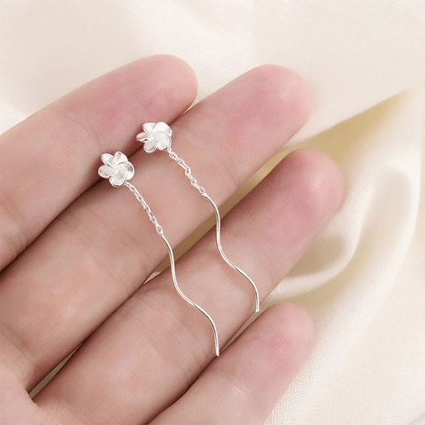 Pendientes De Hilo De Flor Cobre Cadena Larga Ondulada Con Poste De Plata Estilo Coreano Para Mujer
