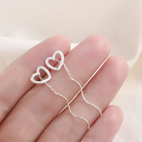 Hollow Heart Frosted Drop Earrings With Silver Earring Post Long Wave Tassel Simple Elegant For Women