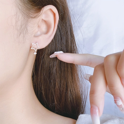 Hollow Star Stud Earrings With Hanging Zircon Simple Five-Pointed Star Copper Ear Jewelry For Women Minimalist
