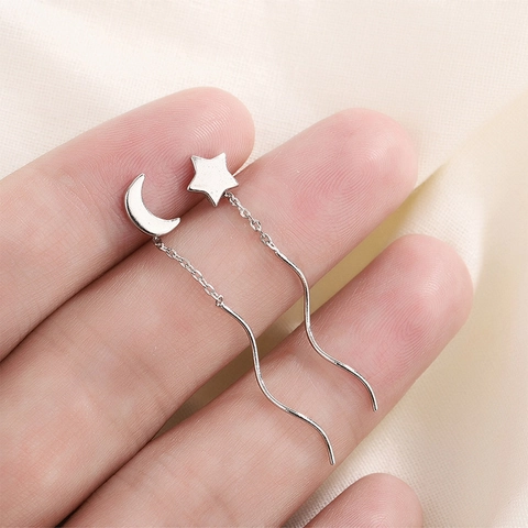 Asymmetrische Stern Und Mond Lange Quasten Ohrfäden Kupfer Wellenkette Hängeohrringe Für Frauen Minimalistischer Stil