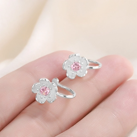 Cherry Blossom Ear Clips Romantic Sweet Sakura Non-Pierced Copper Pink Cubic Zirconia Earrings Frosted Silver Tone