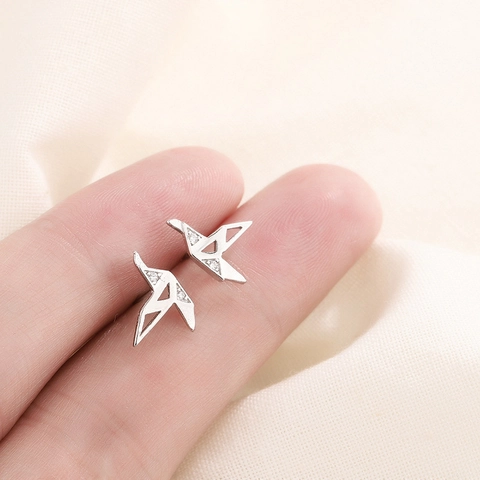Origami Paper Crane Stud Earrings Plated Copper Silver Color Geometric Bird Shape With Zirconia Dainty Jewelry For Women