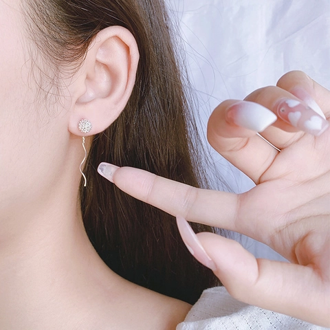 Copper Wave Long Tassel Ear Threader Earrings With Tiny Sparkle Ball Elegant Linear Dangle Jewelry For Women Silver Plated