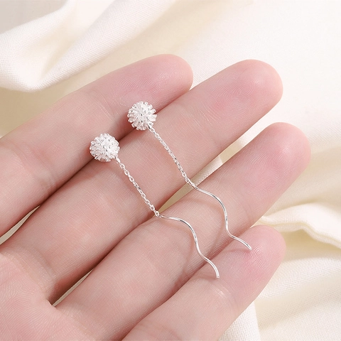 Copper Wave Long Tassel Ear Threader Earrings With Tiny Sparkle Ball Elegant Linear Dangle Jewelry For Women Silver Plated