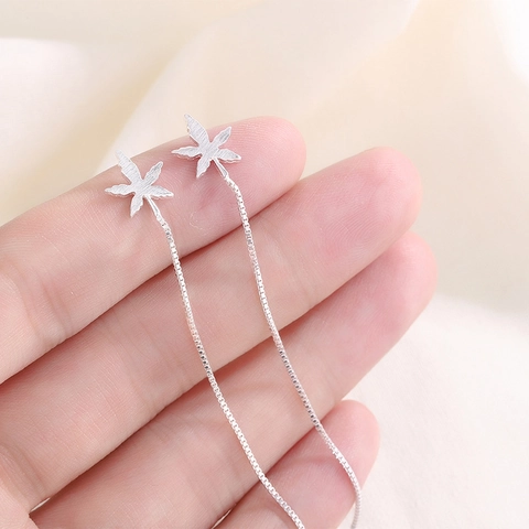 Pendientes De Hilo Largo Con Borla De Hoja De Arce Cobre Color Plata Joyería Delicada Para Mujer