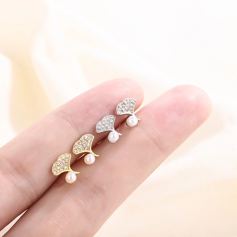 Ginkgo Leaf Stud Earrings With Artificial Pearl And Zircon Copper Elegant Korean Style Plant Jewelry For Women