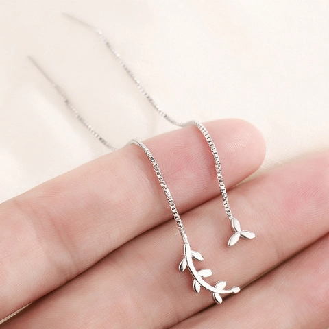 Asymmetric Olive Leaf Ear Threader Earrings Copper Long Chain Drop Branch Forest Style Elegant Jewelry For Women