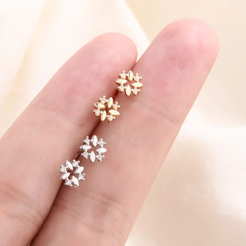 Tiny Flower Stud Earrings With Zircon Inlaid Copper Minimalist Geometric Ear Jewelry For Women