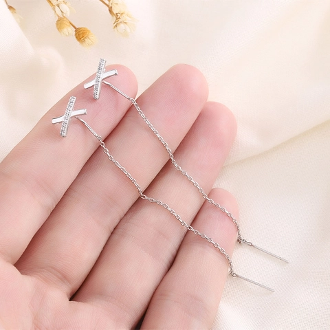 Pendientes De Cadena Larga Con Flecos Cobre Forma De X Geométrico Con Circonita Blanca Minimalista Elegante Joyería