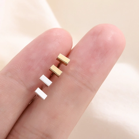 Minimalist Geometric Rectangle Stud Earrings Copper With 925 Sterling Silver Earring Post Tiny Mini Square Jewelry For Women
