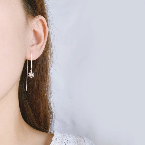 Snowflake Threader Earrings Silver Plated Copper Zircon Long Chain Drop For Women Christmas Gift Elegant Winter