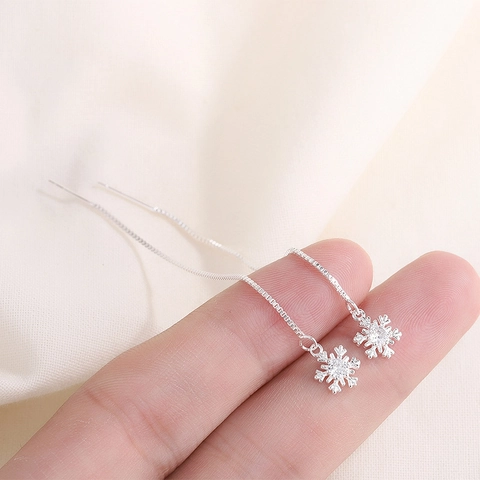 Snowflake Threader Earrings Silver Plated Copper Zircon Long Chain Drop For Women Christmas Gift Elegant Winter