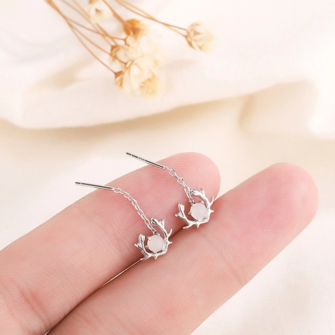 Antler Moonstone Drop Ear Threader Earrings With 925 Sterling Silver Earring Post Copper Deer Horn Tassel Jewelry For Women