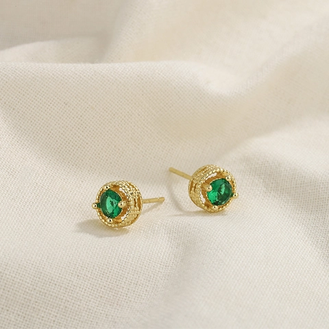 Round Stud Earrings Emerald Green Zircon Copper Gold Plated Hollow Beaded Border Vintage Retro Style For Women