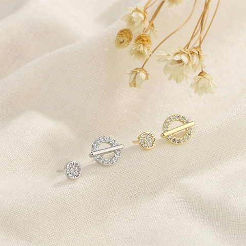 Asymmetric Round Stud Earrings Copper Pave Zircon Geometric Simple Minimalist Jewelry For Women